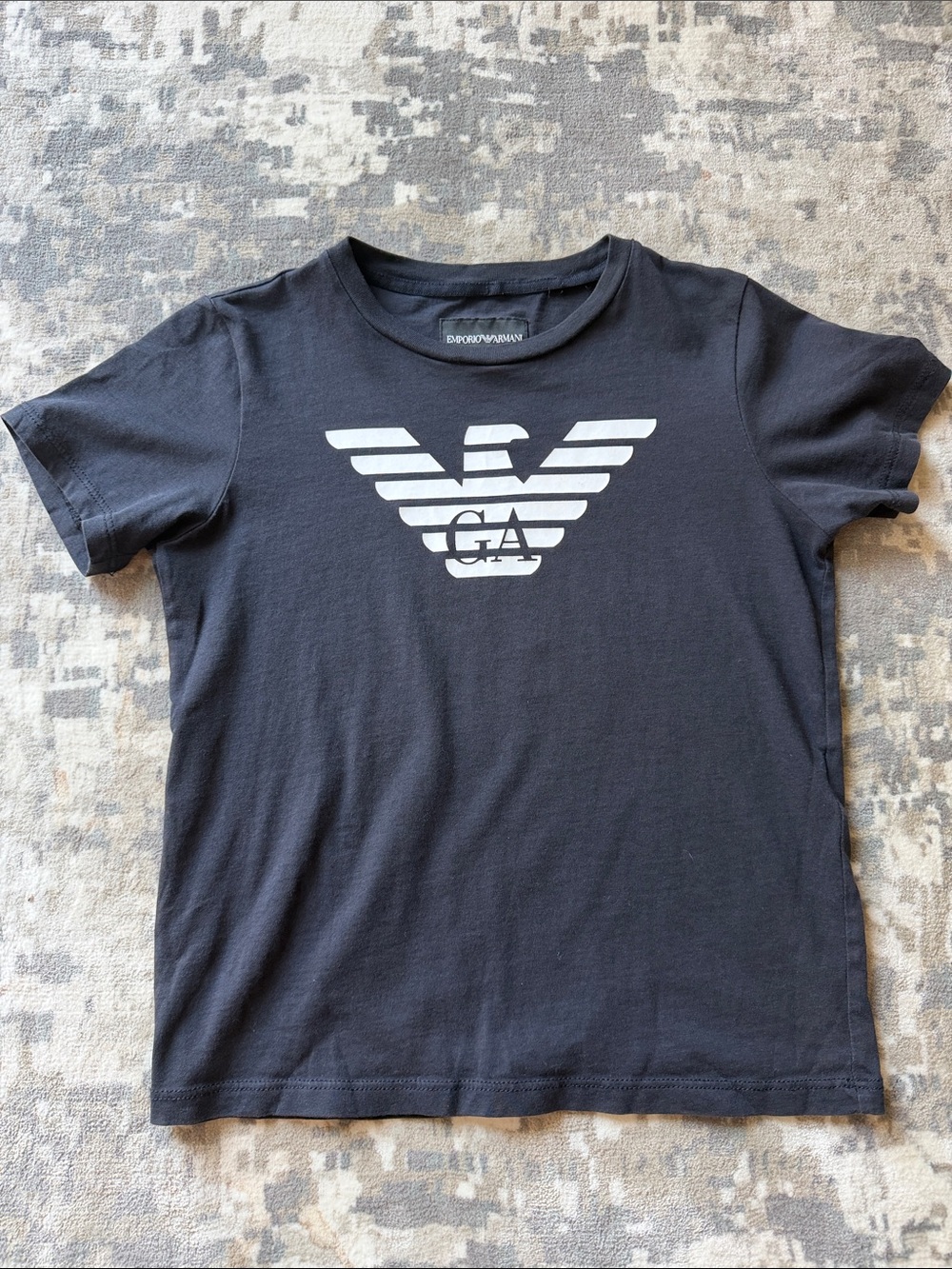 Boy’s Emporio Armani Black Tee with White Eagle Logo, Size 6